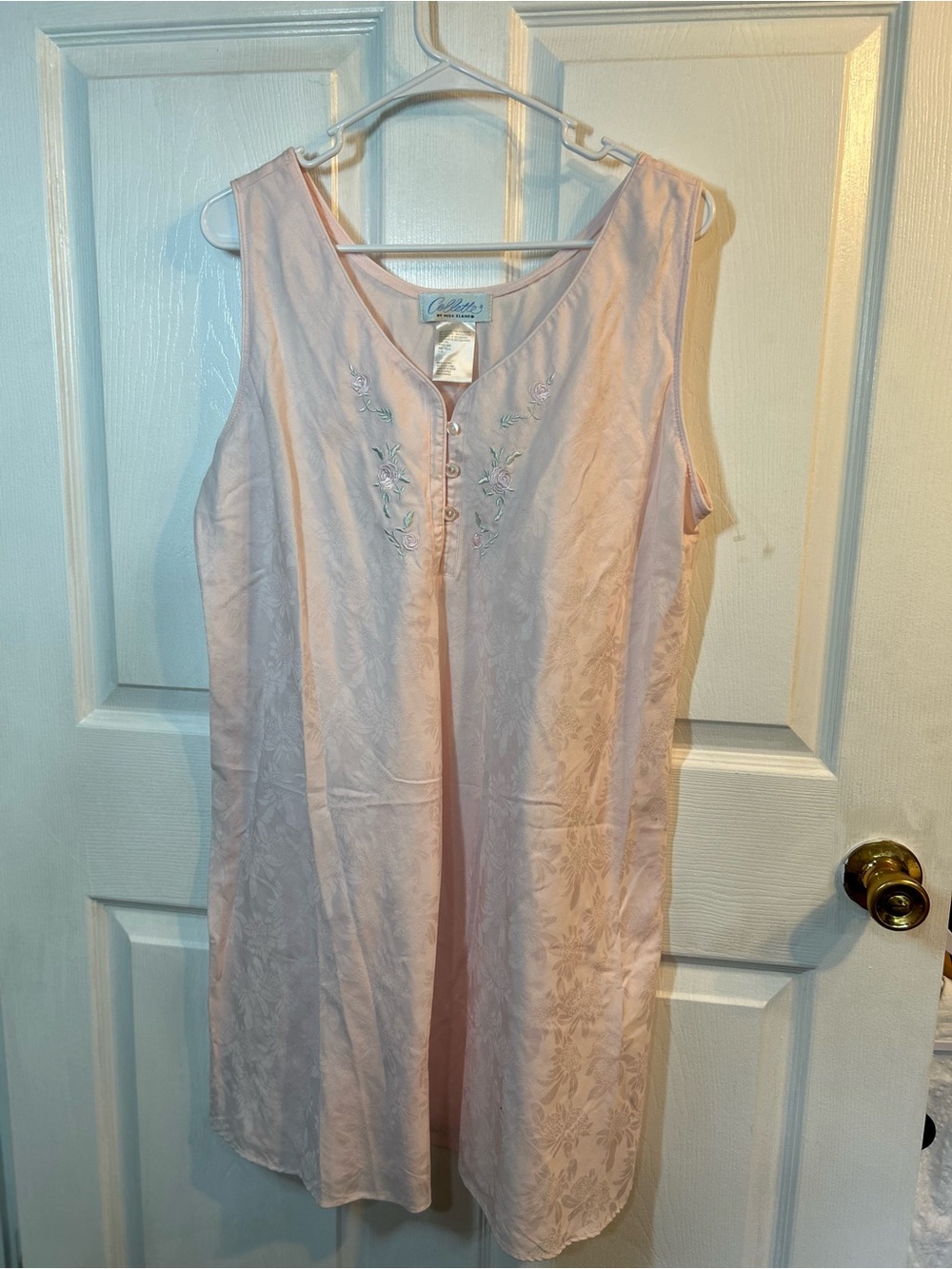 VTG Collette by Miss Elaine Pink Cotton Jacquard Embroidered Nightgown L